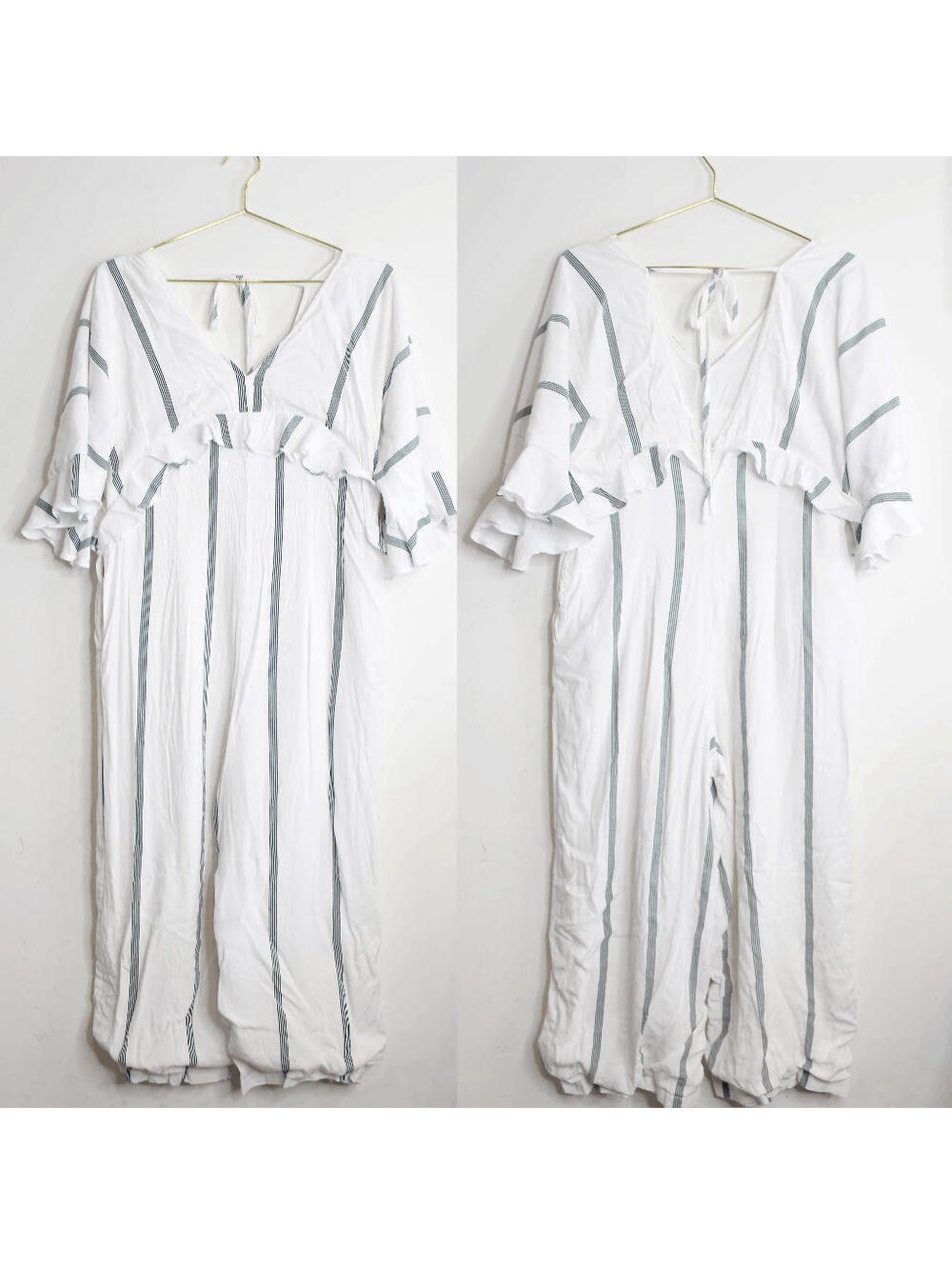 Sancia White Green Stripe Ruffle Silk Blend Wide Leg Jumpsuit - Small